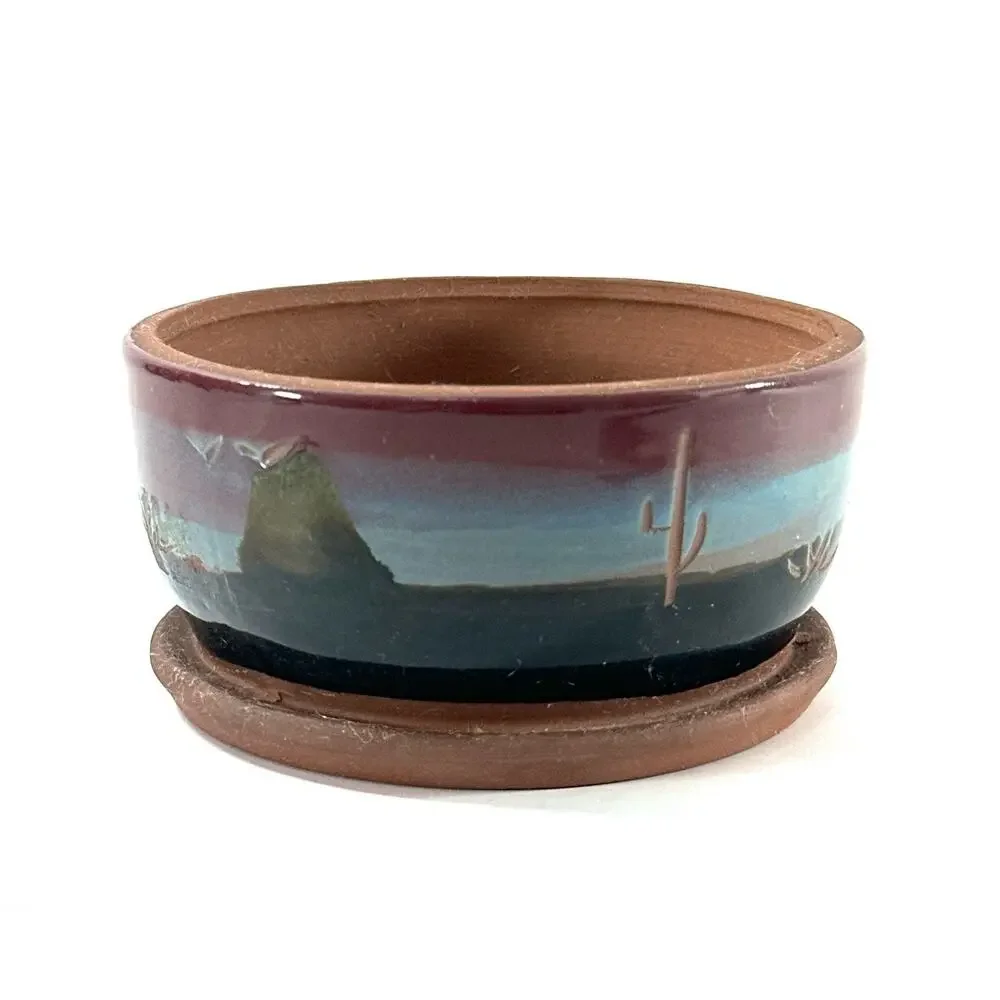Superstition Stoneware Southwest Desert Cactus Pottery Planter Built-In Saucer
